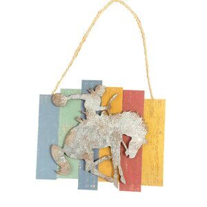 Rustic Western Cowboy Horse Metal Wall Art With Multicolor Wood Backdrop & Rope